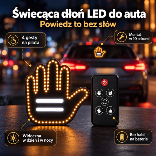 AutoŁapka™ – świecąca dłoń LED do auta z pilotem